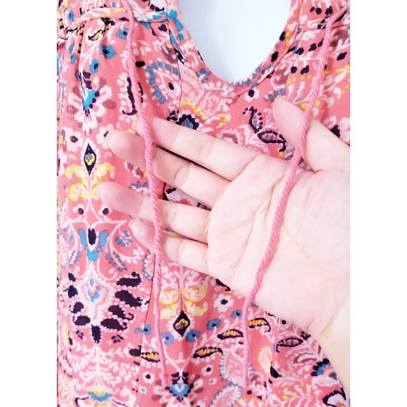 AUW Paisley & Floral Boho Tunic Top Mini Dress with Ruffle Hem + Split Neck - Picture 2 of 4